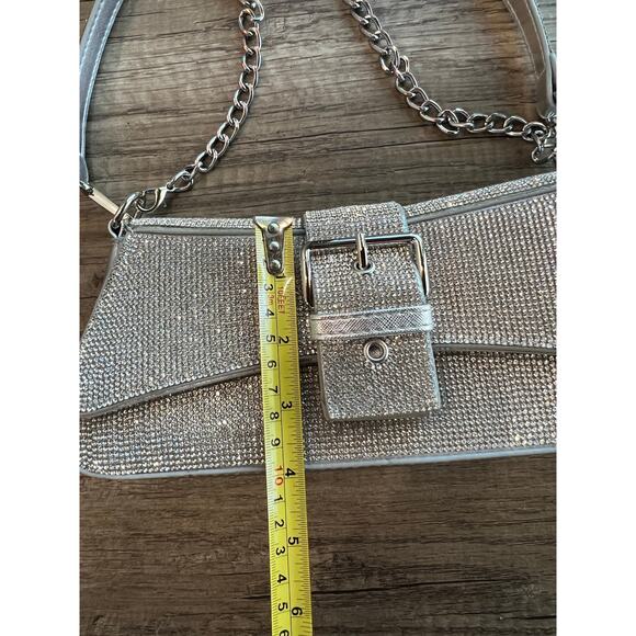 Silver Glitter Baguette Shoulder Bag Chain Strap Evening Party Purse - Picture 7 of 10